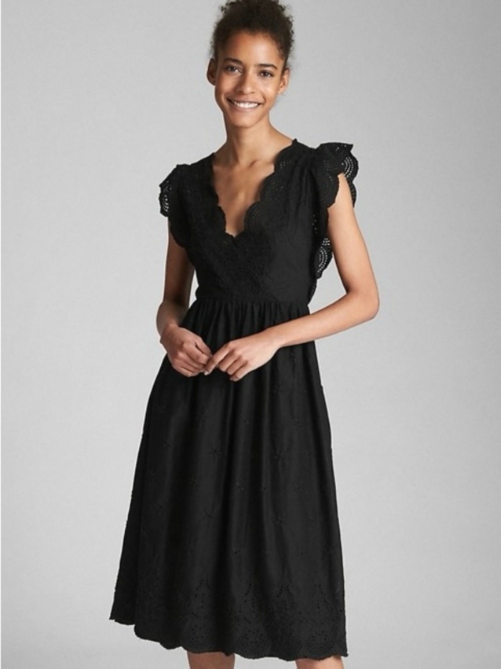 Gap Black Cotton Eyelet Embroidered Cottagecore Summer Midi Dress Size L